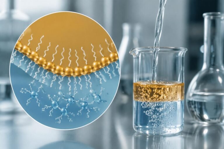 Molecular interaction diagram showing emulsifier binding oil and water phases