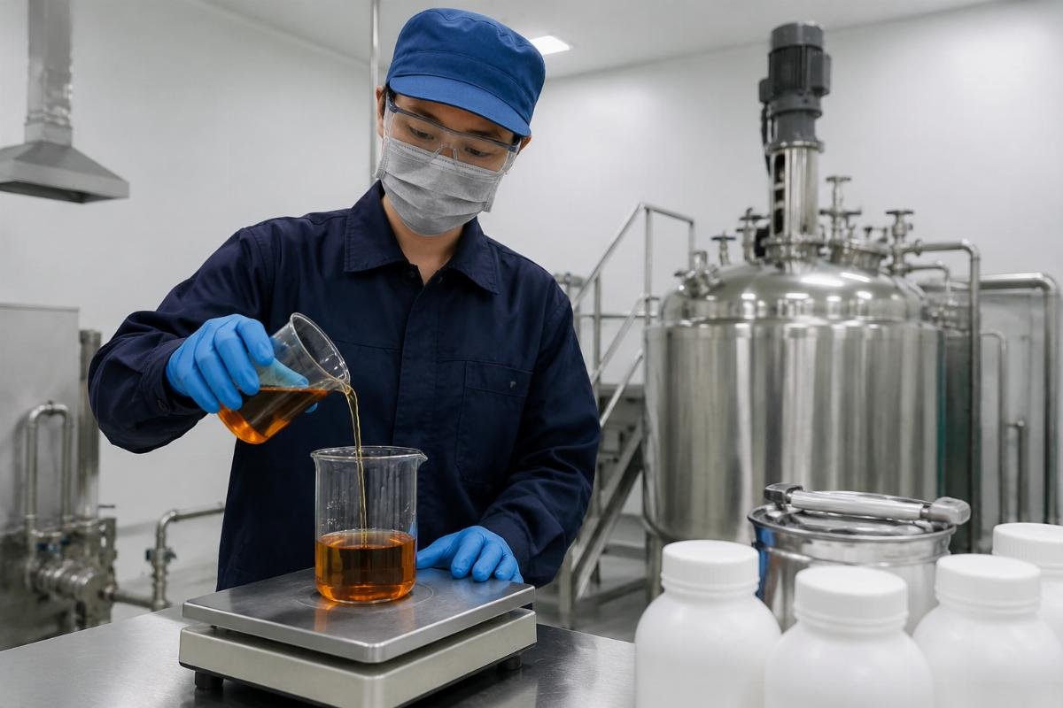 Customized antioxidant blend being measured in manufacturing facility
