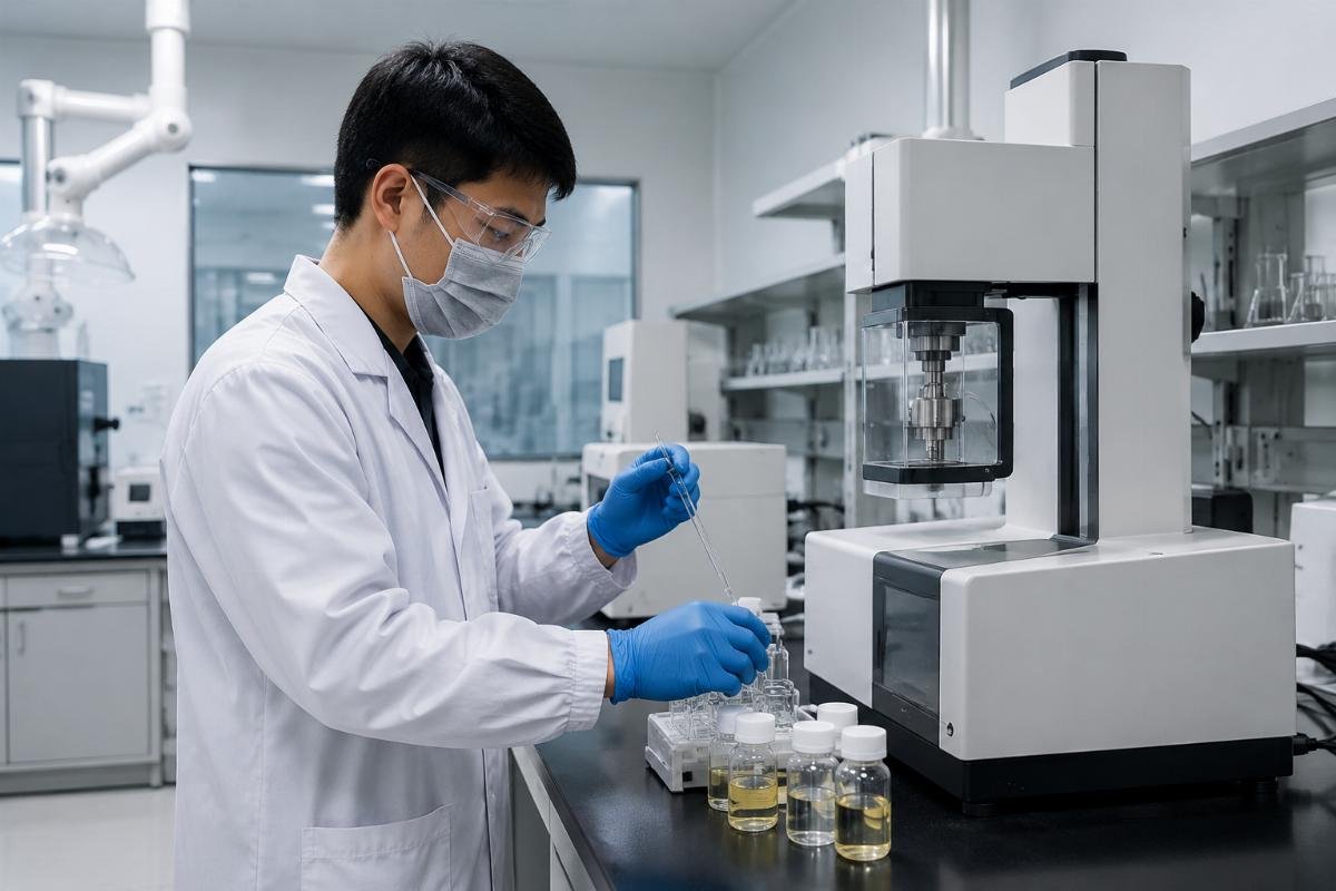 Lab technician testing additive samples with precision equipment