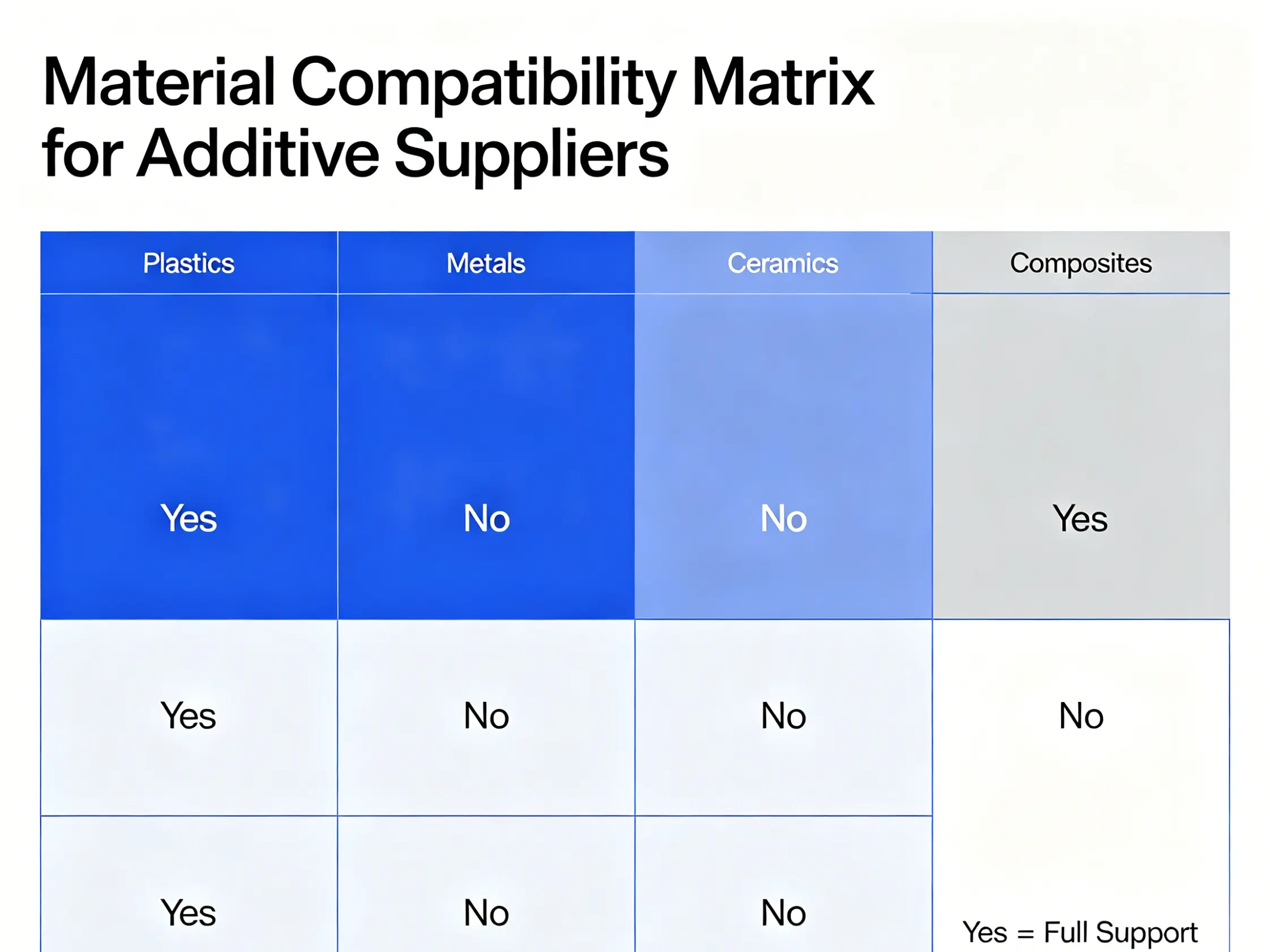 Material compatibility matrix for additive suppliers