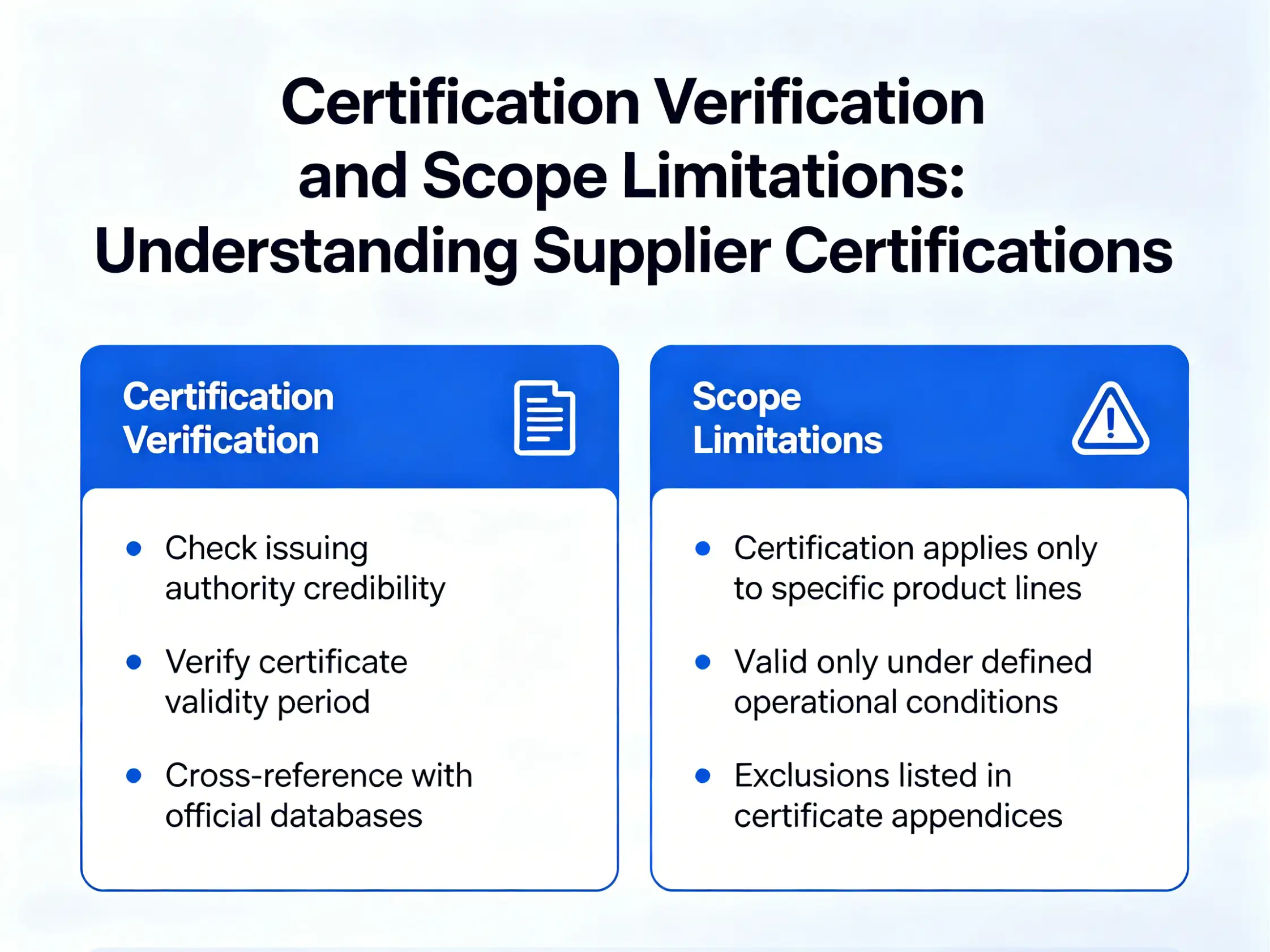 Understanding supplier certifications Certification verification and scope limitations