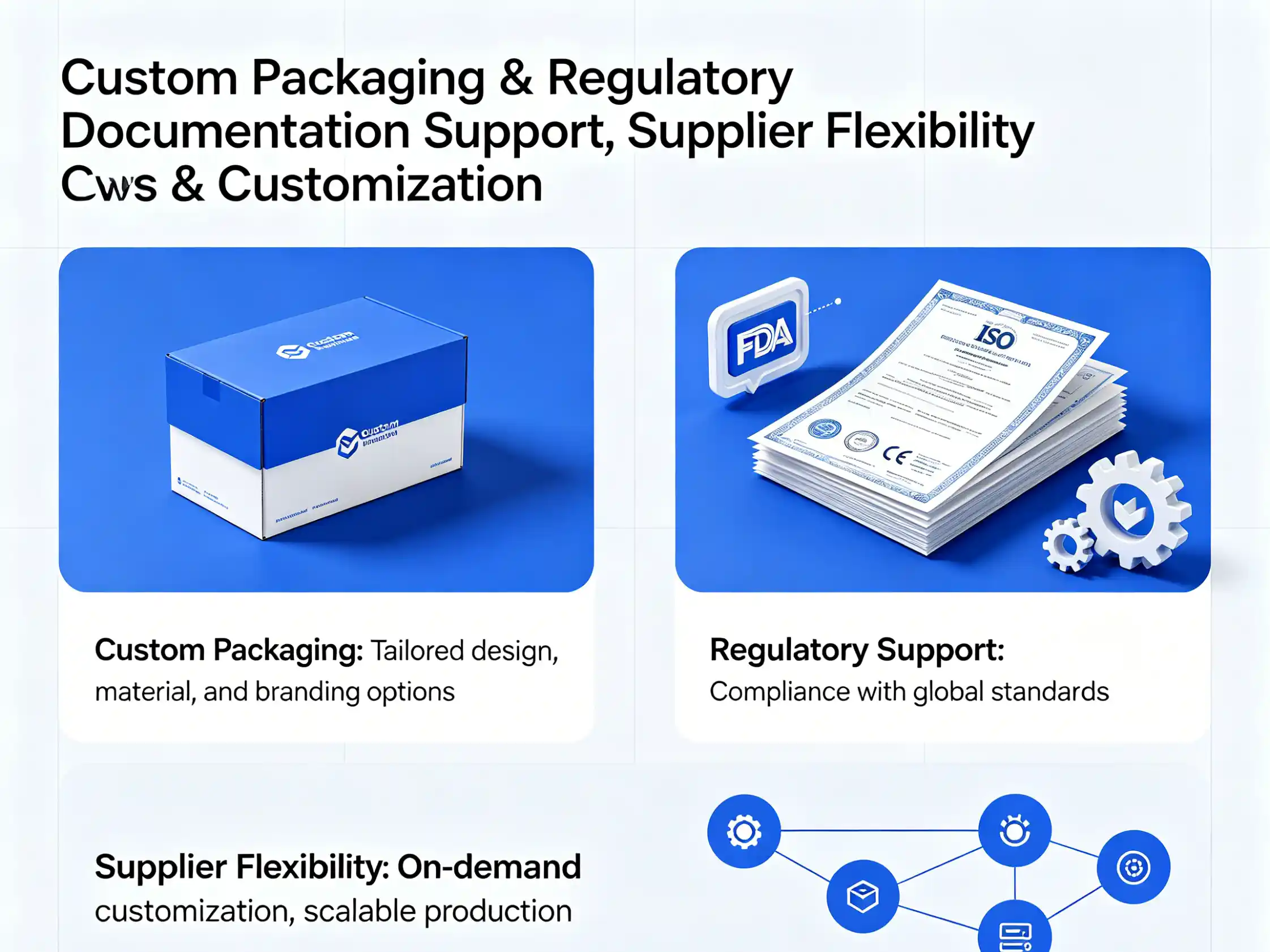 Supplier flexibility and customization Custom packaging and regulatory documentation support